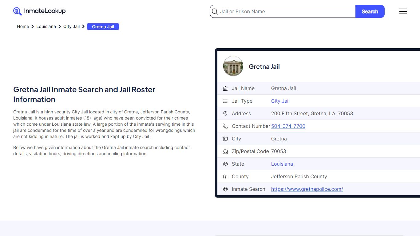 Gretna Jail Inmate Search and Jail Roster Information
